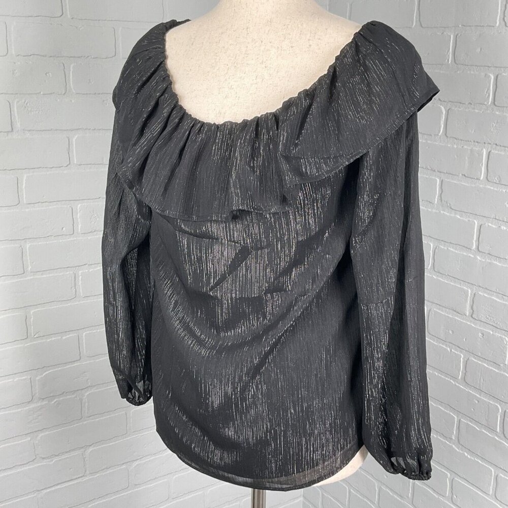 White House Black Market Blouse Women Small Black Silver Gypsy Boho Peasant